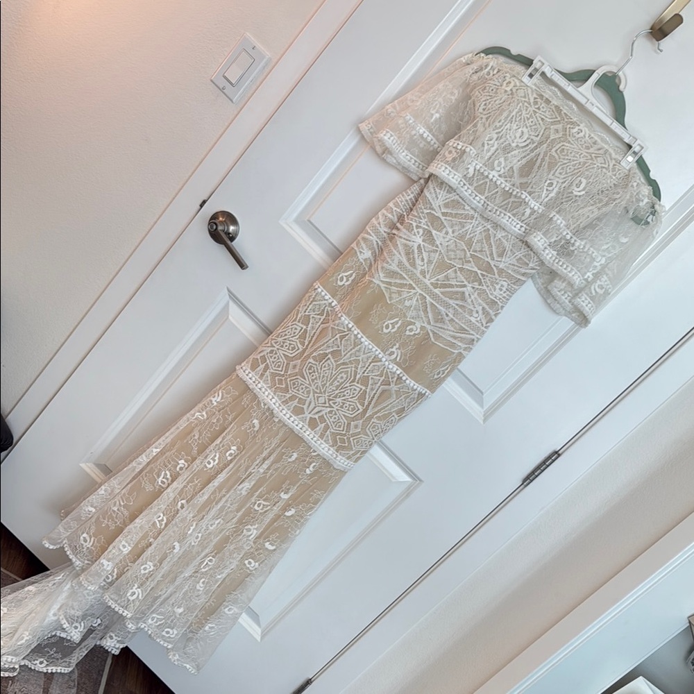 Off-Shoulder White Lace Train Maxi Mermaid Bridal Gown Dress Boho Wedding - Picture 2 of 16